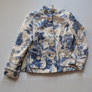 Coldwater Creek White Blue Floral Three Buttons Blazer Jacket